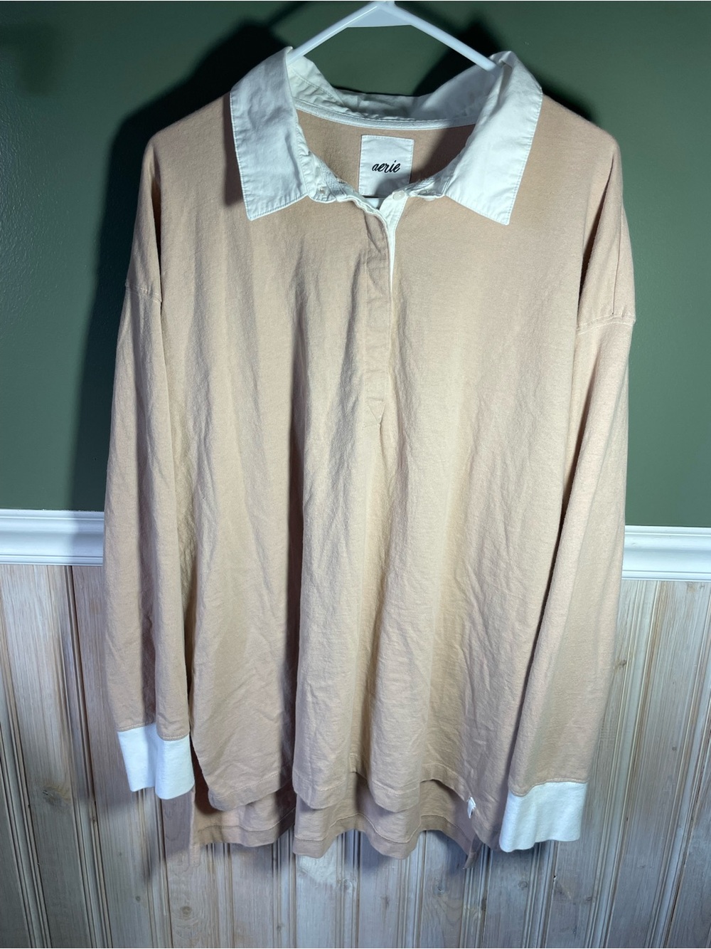 aerie Beige Long-Sleeve Rugby Pullover with White Collar & Cuffs